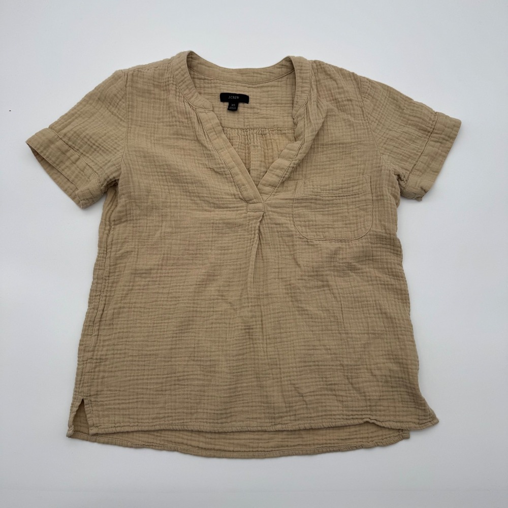 J.Crew Re-Imagined Double Gauze Cotton V-Neck Top Tan‎ Beige XS Short Sleeve